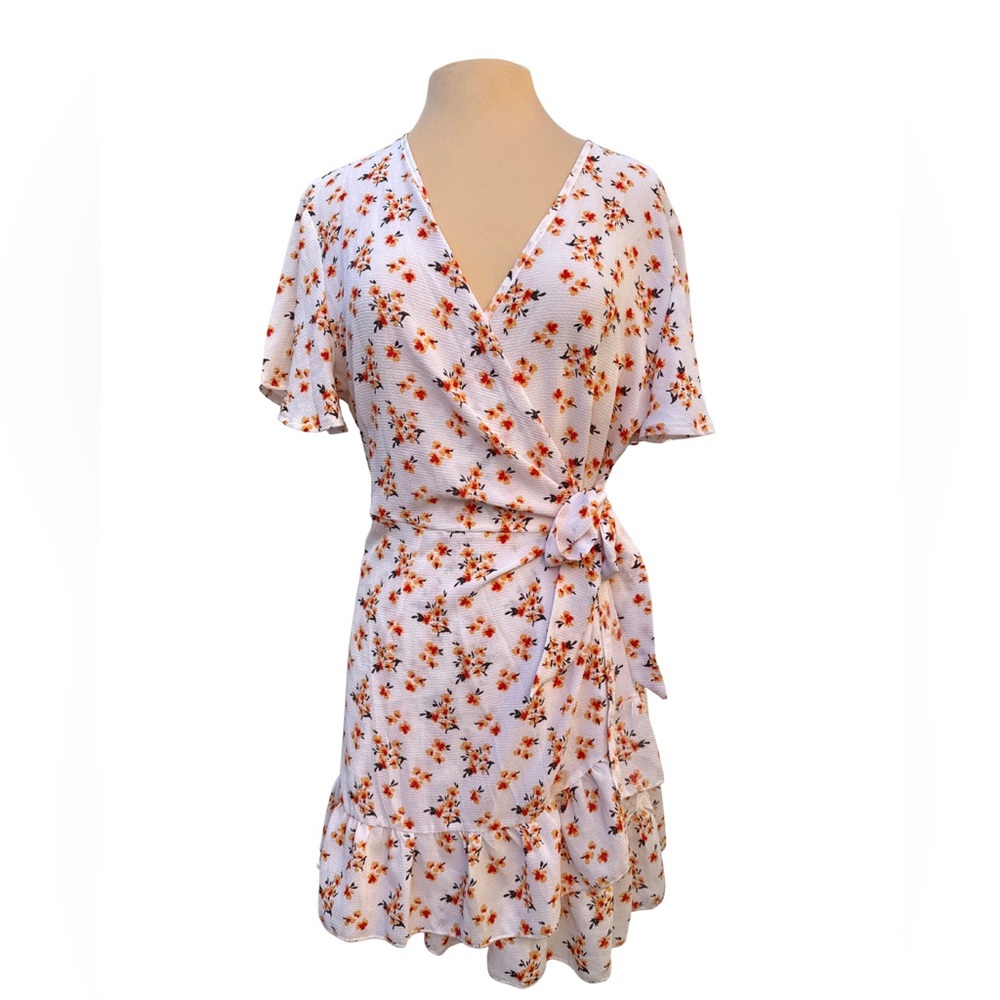 Floral Wrap Dress - White and Orange